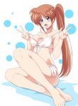  1girl azumaya_hironaru bangs barefoot bikini bikini_pull blue_eyes breasts brown_hair cleavage closed_mouth commentary_request double_v eyebrows_visible_through_hair front-tie_bikini front-tie_top hair_tie highres long_hair looking_at_viewer lyrical_nanoha medium_breasts partial_commentary pulled_by_self side-tie_bikini side_ponytail sitting smile solo swimsuit takamachi_nanoha v white_bikini 