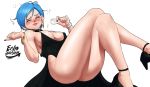  1girl absurdres alcohol ass black_dress black_footwear black_nails blue_hair breasts bulma champagne closed_eyes cup dragon_ball dragon_ball_super dress drinking_glass drunk earrings echo_saber high_heels highres jewelry large_breasts lips mature messy_hair necklace new_year no_panties pearl_necklace short_hair white_background wine_glass 
