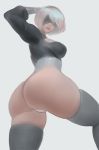  ass back black_dress black_legwear blindfold boots breasts cleavage_cutout clothing_cutout dress gloves hairband hand_in_hair high_heel_boots high_heels looking_at_viewer looking_back medium_breasts mole mole_under_mouth nextoad nier_(series) nier_automata puffy_sleeves white_background white_gloves white_hair yorha_no._2_type_b 