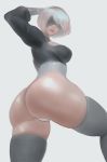  ass back black_dress black_legwear blindfold boots breasts cleavage_cutout clothing_cutout dress gloves hairband hand_in_hair high_heel_boots high_heels looking_at_viewer looking_back medium_breasts mole mole_under_mouth nextoad nier_(series) nier_automata puffy_sleeves shiny shiny_skin white_background white_gloves white_hair yorha_no._2_type_b 