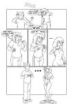  2019 blush bottomless bottomwear breast_growth breasts clothed clothing comic duo embarrassed english_text female gender_transformation genitals growth halcy0n hi_res human human_to_anthro humanoid male mammal monochrome mtf_transformation navel nipples pants pussy shrinking simple_background size_transformation species_transformation text transformation white_background 
