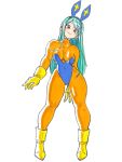  1girl absurdres animal_ears aqua_hair asimatosinosin blue_leotard bodysuit boots breasts bunny_ears covered_navel cross cross_print dragon_quest dragon_quest_iii fake_animal_ears full_body gloves hairband highres leotard long_hair looking_at_viewer medium_breasts orange_bodysuit playboy_bunny priest_(dq3) red_eyes simple_background smile solo standing strapless strapless_leotard white_background yellow_footwear yellow_gloves 