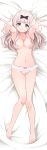  1girl :d absurdres arms_up bangs bare_legs barefoot bed_sheet black_bow blue_eyes blunt_bangs blush bow bow_panties breasts cleavage collarbone dakimakura_(medium) frilled_panties frills from_above fujiwara_chika full_body gibun_(sozoshu) grin hair_bow highres kaguya-sama_wa_kokurasetai_~tensai-tachi_no_renai_zunousen~ long_hair looking_at_viewer lying medium_breasts navel on_back on_bed open_mouth panties pink_bow pink_hair smile solo stomach teeth underwear underwear_only white_panties 