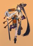  1girl armor asymmetrical_clothes bangs black_footwear black_hair breast_curtains breasts club detached_sleeves fate/grand_order fate_(series) glint holding holding_sword holding_weapon japanese_armor kusazuri lanzi_(415460661) long_hair medium_breasts mismatched_sleeves parted_bangs purple_sleeves rope shoes signature single_pantsleg solo sword ushiwakamaru_(fate/grand_order) very_long_hair weapon white_sleeves 