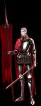  1boy absurdres armor banner belt breastplate capelet closed_mouth dual_wielding facial_hair gauntlets glowing greaves grey_hair highres holding holding_sword holding_weapon huge_filesize izaac knight long_hair male_focus original outline pauldrons red_capelet red_eyes red_outline scabbard sheath shoulder_armor simple_background skull solo standing sword torn turtleneck unsheathed vambraces weapon white_background 