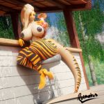  1:1 3d_(artwork) absurd_res anthro big_breasts breasts digital_media_(artwork) drinking female fish hi_res marine nipples non-mammal_breasts nude requiem_shark rumakis shark sitting solo striped_body stripes thick_thighs tiger_shark 