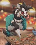  4:5 accessory anthro apron badger baking blurred_background bottomwear christmas clothed clothing conditional_dnp cooking detailed_background food gingerbread hair_accessory hi_res holidays looking_down male mammal mustelid musteline nintendo obstagoon pok&eacute;mon pok&eacute;mon_(species) red_eyes rel_(relightcharge) scarf shorts solo tongue tongue_out video_games xnirox 