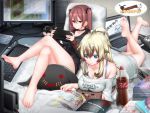  2girls bare_arms bare_legs bare_shoulders barefoot blonde_hair computer couch feet feet_up greek_toe green_eyes happy_new_year keyboard_(computer) kurousagi1029 laptop leg_up magazine medium_hair monitor multiple_girls new_year original ponytail red_eyes red_hair soles stuffed_toy toes 