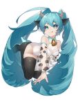  1girl absurdres animal_ears animal_print aqua_eyes aqua_hair bare_shoulders black_legwear bottle commentary cow_ears cow_girl cow_horns cow_print detached_sleeves hair_ornament hatsune_miku high_heels highres horns legs_up leotard lips long_hair milk_bottle neck_bell reirou_(chokoonnpu) see-through_sleeves shiny shiny_clothes shiny_legwear smile solo spilling thighhighs tongue tongue_out twintails very_long_hair vocaloid white_background white_leotard 