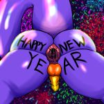  1:1 absurd_res anthro anus balls big_butt body_writing butt fireworks gaping gaping_anus genitals hi_res holidays kobold male male/male new_year penis puffy_anus solo stretched_anus thekoboldsummoner thick_thighs voltu 