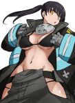  1girl bangs bikini black_bikini black_coat black_hair breasts chupirinko coat commentary cowboy_shot en&#039;en_no_shouboutai eyebrows_visible_through_hair frown gloves grey_gloves grey_pants groin long_hair long_sleeves looking_at_viewer medium_breasts navel open_clothes open_coat open_mouth pants side_cutout simple_background solo standing swimsuit tamaki_kotatsu twintails white_background yellow_eyes 