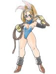  1girl absurdres animal_ears asimatosinosin barbara_(dq6) bare_legs black_gloves blue_leotard blue_scarf blush breasts brown_footwear bunny_ears covered_navel dragon_quest dragon_quest_vi elbow_gloves fake_animal_ears full_body gloves grey_eyes hair_between_eyes high_heels high_ponytail highleg highleg_leotard highres holding holding_whip leotard medium_breasts orange_hair playboy_bunny scarf simple_background smile solo standing strapless strapless_leotard whip white_background yellow_gloves 