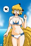  &lt;3 5_fingers absurd_res animal_humanoid azuki_osamitsu big_breasts bikini biped blonde_hair blush bottomwear breasts canid canid_humanoid canine canine_humanoid cleavage clothed clothing day dipstick_ears female fingers fluffy fluffy_tail fox_humanoid front_view fully_clothed fur gesture hair hi_res humanoid humanoid_hands inner_ear_fluff light_body light_skin looking_at_viewer mammal mammal_humanoid midriff monotone_hair multi_tail multicolored_ears navel open_mouth open_smile outside pictographics pink_inner_ear portrait ran_yakumo short_hair sky smile solo speech_bubble standing swimwear three-quarter_portrait topwear touhou tuft two_tone_ears video_games water waving wet wet_body wet_fur white_bikini white_bottomwear white_clothing white_inner_ear_fluff white_swimwear white_topwear yellow_body yellow_eyes yellow_fur 