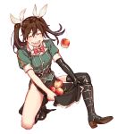  1girl apple asymmetrical_legwear black_gloves brown_hair closed_eyes commentary_request elbow_gloves food fruit gloves hair_between_eyes hair_ribbon highres kantai_collection long_hair military military_uniform pelvic_curtain remodel_(kantai_collection) ribbon single_elbow_glove single_thighhigh smile solo squatting thighhighs tone_(kantai_collection) twintails uniform uyama_hajime white_ribbon 