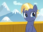  2021 badumsquish blonde_hair blue_eyes equid equine freckles friendship_is_magic hair hasbro hi_res horse looking_up mammal mountain my_little_pony pony sitting snow snow_cap solo star_tracker_(mlp) 