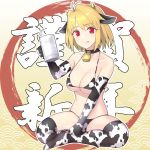  1girl animal_costume animal_ears animal_print apo_(apos2721) arcueid_brunestud bangs bell bell_collar bikini blonde_hair blush breasts chinese_zodiac collar collarbone cow_costume cow_ears cow_girl cow_horns cow_print cowbell elbow_gloves gloves hair_intakes horns indian_style large_breasts licking_lips looking_at_viewer milk navel new_year red_eyes short_hair sitting smile solo swimsuit thighhighs tongue tongue_out tsukihime year_of_the_ox 