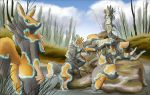  anthro butt casual_nudity chest_tuft climbing digimon digimon_(species) female female/female genitals group inanimate_transformation looking_at_viewer nude petrification pickles-hyena pussy renamon rock sculpture statue transformation tuft water 