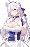  1girl absurdres apron arm_behind_back azur_lane bangs belfast_(azur_lane) blue_choker blue_eyes blue_ribbon blush braid breasts chain choker cleavage collar collarbone commentary_request dress ears elbow_gloves eyebrows eyebrows_visible_through_hair finger_to_mouth french_braid frills gloves hair_between_eyes heart highres large_breasts long_hair looking_at_viewer maid maid_apron maid_headdress one_eye_closed ribbon simple_background solo white_background white_gloves white_hair xretakex 