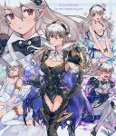  1girl alternate_costume armor armored_leotard asymmetrical_clothes aura bikini bikini_skirt bracelet breasts bug butterfly cleavage corrin_(fire_emblem) corrin_(fire_emblem)_(female) cravat dress eyebrows_visible_through_hair fangs fire_emblem fire_emblem_fates fire_emblem_heroes front-tie_bikini front-tie_top gloves glowing glowing_eyes hairband insect jewelry long_hair looking_at_viewer multiple_persona official_alternate_costume pointy_ears pomme_(lazzledazzle) red_eyes shoulder_armor single_glove single_thighhigh swimsuit thighhighs toeless_legwear water 