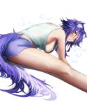  1girl animal_ear_fluff animal_ears blush breasts highres large_breasts looking_at_viewer looking_back makoto_(princess_connect!) no_bra princess_connect! princess_connect!_re:dive purple_hair purple_shorts short_hair shorts sideboob simple_background solo sweat tail usagits_00 white_background wolf_ears wolf_girl wolf_tail yellow_eyes 