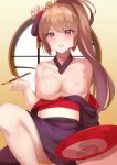  1girl absurdres azur_lane bangs bare_shoulders blush breasts brown_hair cleavage commentary_request cup detached_collar eyebrows_visible_through_hair haneramu highres holding holding_pipe kiseru large_breasts long_hair looking_at_viewer parted_lips pink_eyes pipe ponytail sakazuki sitting solo zuikaku_(azur_lane) 