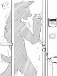  ambiguous_species anthro biped fur fur_growth glass_door growth hi_res human_to_anthro implied_transformation monochrome species_transformation surprise transformation じゅうっとん 
