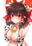  1girl :o animal_ears animal_print bangs bell bell_collar bikini blush bow breasts brown_hair collar collarbone commentary_request cow_ears cow_horns cow_print detached_collar ear_tag elbow_gloves eyebrows_visible_through_hair fake_animal_ears gloves hair_bow hair_tubes hakurei_reimu highres horns large_breasts looking_at_viewer navel red_bow red_eyes short_hair solo swimsuit tksand touhou upper_body white_gloves 