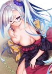  1girl bangs bare_shoulders blue_eyes blush breasts brynhildr_(fate) cleavage collarbone cosplay fate/grand_order fate/prototype fate/prototype:_fragments_of_blue_and_silver fate_(series) glasses hair_ornament hair_scrunchie highres japanese_clothes katsushika_hokusai_(fate/grand_order) katsushika_hokusai_(fate/grand_order)_(cosplay) kimono large_breasts long_hair long_sleeves looking_at_viewer off_shoulder ono_misao purple_eyes purple_kimono red_kimono sash scrunchie side_ponytail silver_hair smile very_long_hair wide_sleeves 