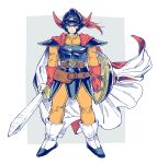  1boy armor cape dragon_quest dragon_quest_i full_body gloves helmet hero_(dq1) holding holding_sword holding_weapon horned_helmet male_focus shield simple_background solo sword weapon yuza 