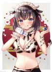  1girl animal_ears animal_print bangs bare_shoulders bikini black_hair black_skirt blue_eyes bottle bowl breasts cleavage closed_mouth commentary_request cow_ears cow_girl cow_horns cow_print cow_tail egasumi eyebrows_visible_through_hair frilled_bikini frills grey_background hands_up heart holding holding_bottle holding_bowl horns licking_lips maid_headdress medium_breasts milk milk_bottle navel original pleated_skirt pouring print_bikini sakura_hiyori skirt smile solo spoken_heart swimsuit tail tail_raised tongue tongue_out upper_body 