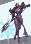 1other armor aureolin31 axe breastplate clawed_gauntlets full_armor gauntlets greaves helm helmet highres holding holding_axe holding_weapon pauldrons pixiv_fantasia pixiv_fantasia_age_of_starlight pointing purple_armor shoulder_armor signature solo walking weapon 