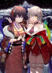  2girls ;d animal_ears black_sky breasts brown_eyes brown_hair building character_request cleavage closed_mouth collarbone commentary_request floral_print fur_collar grey_hair highres holding_hamaya iron_saga japanese_clothes kimono long_sleeves medium_breasts multiple_girls night obi off_shoulder one_eye_closed open_clothes open_mouth outdoors pink_kimono purple_eyes red_kimono sash short_kimono smile snowing tail_raised thighhighs white_legwear wide_sleeves yadapot 