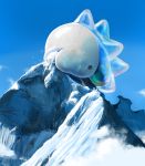  above_clouds commentary_request cosmo_(465lilia) day gen_8_pokemon giant highres mountain nibbling no_humans outdoors pokemon pokemon_(creature) sky snom solo 