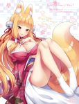  1girl animal_ear_fluff animal_ears bangs bell blonde_hair blue_eyes blush breasts character_request cleavage closed_mouth copyright_request detached_collar fox_ears fox_tail full_body hair_bell hair_ornament highres japanese_clothes jingle_bell kimono large_breasts lips long_hair looking_at_viewer miyano_ururu mole mole_under_eye no_panties obi off-shoulder_kimono off_shoulder red_eyes red_kimono sash smile solo tabi tail very_long_hair white_legwear 