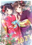  2girls azuma_yuki bangs black_hair blurry blurry_background blurry_foreground bow brown_eyes brown_hair chocolate commentary_request double_bun dutch_angle fangs flower food fruit fukumaru_koito hair_bow hair_flower hair_ornament highres idolmaster idolmaster_shiny_colors japanese_clothes kimono licking_lips looking_at_viewer multiple_girls new_year obi pink_kimono purple_eyes purple_kimono sash short_hair skin_fangs sonoda_chiyoko strawberry tongue tongue_out twintails v wide_sleeves 