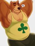  2020 animal_crossing anthro armpit_hair body_hair brown_body brown_fur clothed clothing eyes_closed fur hands_behind_head male mammal musclegut muscular muscular_anthro muscular_male musical_note nintendo shirt simple_background smile solo speech_bubble tank_top teddy_(animal_crossing) thediyemi topwear ursid video_games 