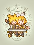  1boy 1girl :3 anniversary antennae arm_up arm_warmers bangs bass_clef birthday_cake black_collar black_shorts black_sleeves blonde_hair bouquet bow cake chibi collar commentary confetti eighth_note emphasis_lines flower food hair_bow hair_ornament hairclip instrument kagamine_len kagamine_rin keyboard_(instrument) leg_warmers looking_at_viewer music musical_note neckerchief necktie open_mouth outstretched_arm party_popper playing_instrument pylori_kin_no_uta_(vocaloid) sailor_collar sangatsu_youka school_uniform shirt short_hair short_ponytail short_shorts short_sleeves shorts sleeveless sleeveless_shirt smile solid_oval_eyes spiked_hair string_of_flags swept_bangs treble_clef vocaloid white_bow white_shirt yellow_neckwear 