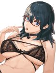  1girl bangs bare_shoulders black_bra blue_eyes blue_hair bra breasts byleth_(fire_emblem) byleth_(fire_emblem)_(female) choker cleavage fire_emblem fire_emblem:_three_houses glasses highres j@ck large_breasts looking_at_viewer medium_hair navel open_mouth simple_background tongue tongue_out underwear white_background 