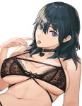  1girl bangs bare_shoulders black_bra blue_eyes blue_hair bra breasts byleth_(fire_emblem) byleth_(fire_emblem)_(female) choker cleavage fire_emblem fire_emblem:_three_houses highres j@ck large_breasts looking_at_viewer medium_hair navel open_mouth simple_background tongue tongue_out underwear white_background 