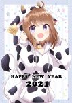  1girl 2021 :d ahoge animal_ears animal_print bangs bell bell_choker black_choker blush breasts brown_hair chinese_zodiac choker collarbone commentary_request cow_ears cow_horns cow_print cow_tail drawstring eyebrows_visible_through_hair fake_animal_ears fake_horns hands_up happy_new_year hood hood_up hoodie horns long_sleeves looking_at_viewer massala new_year open_mouth original pennant print_hoodie puffy_long_sleeves puffy_sleeves purple_eyes sleeves_past_wrists small_breasts smile solo string_of_flags tail upper_body white_hoodie year_of_the_ox 