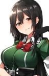  1girl belt black_eyes black_gloves black_hair bow bowtie breasts chikuma_(kantai_collection) elbow_gloves gloves highres kantai_collection katsuobushi_(eba_games) large_breasts long_hair looking_at_viewer red_bow red_neckwear remodel_(kantai_collection) single_elbow_glove smile solo upper_body 