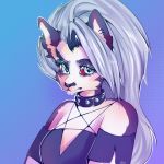  2020 anthro canid canid_demon collar demon ear_piercing eyelashes female fur goldnigth5803 grey_body grey_fur grey_hair hair half-closed_eyes hellhound helluva_boss hi_res loona_(vivzmind) mammal multicolored_body multicolored_fur narrowed_eyes notched_ear piercing red_sclera signature solo white_body white_fur 