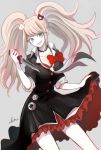  1girl alternate_costume bangs bear_hair_ornament black_choker black_dress blonde_hair blue_eyes bow breasts choker cleavage collarbone commentary_request danganronpa:_trigger_happy_havoc danganronpa_(series) dress enoshima_junko hair_ornament hand_up highres holding holding_knife kitsunebi_v3kokonn knife long_hair looking_at_viewer medium_breasts nail_polish necktie plaid plaid_skirt red_bow red_nails red_skirt signature skirt skirt_hold skirt_under_dress sleeves_rolled_up smile solo twintails 