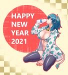  1girl 2021 animal_ears animal_print arm_support bangs bell bell_choker between_legs bikini black_legwear blue_eyes blue_hair blush bottle breasts byleth_(fire_emblem) byleth_(fire_emblem)_(female) checkered checkered_background chinese_zodiac choker cleavage commentary_request cow_ears cow_horns cow_print cow_tail drinking eyebrows_visible_through_hair fake_animal_ears fake_horns fake_tail fire_emblem fire_emblem:_three_houses full_body hair_between_eyes hairband hand_between_legs happy_new_year holding holding_bottle hood hood_down hooded_jacket horns jacket large_breasts long_hair long_sleeves looking_at_viewer midriff milk_bottle navel new_year open_clothes open_jacket outline pink_choker pink_hairband shio_robin sidelocks sitting solo swimsuit tail thighhighs wariza white_bikini white_jacket year_of_the_ox yellow_background 