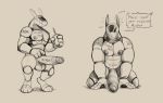  2021 4_fingers anthro balls beverage big_balls big_penis daftpatriot english_text fingers genitals hi_res humanoid_genitalia humanoid_penis kneeling machine male nipples pecs penis robot simple_background solo text 