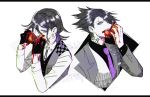  2boys alternate_costume alternate_hair_color alternate_hairstyle bangs black_hair black_shirt collared_shirt commentary_request cropped_torso danganronpa_(series) danganronpa_v3:_killing_harmony earrings eating food fruit gloves hair_between_eyes hair_ribbon hand_up hands_up holding holding_food holding_fruit jewelry limited_palette long_sleeves looking_at_viewer male_focus momota_kaito multiple_boys nagi_to_(kennkenn) neck_tattoo necktie ouma_kokichi pink_neckwear pink_ribbon pomegranate purple_ribbon ribbon shiny shiny_hair shirt tattoo upper_body vest 