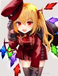  1girl :d arm_up black_gloves black_legwear blonde_hair blush brooch cape commentary cowboy_shot cravat eyebrows_visible_through_hair fang flandre_scarlet gloves grey_background hair_between_eyes hat hat_removed headwear_removed holding holding_clothes holding_hat jacket jewelry leaning_forward long_sleeves looking_at_viewer military military_hat military_uniform miniskirt one_side_up open_mouth pleated_skirt red_eyes red_jacket red_neckwear red_skirt sakizaki_saki-p short_hair simple_background skin_fang skirt sleeve_cuffs smile solo thighhighs touhou tunic twitter_username uniform wings zettai_ryouiki 
