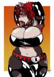  absurd_res anthro armwear big_breasts breasts canid canine canis clothing domestic_dog ear_piercing ear_ring facial_piercing female hair hi_res huge_breasts kingjaguar legwear mammal mixi_elkhound nose_piercing piercing rubber septum_piercing solo 