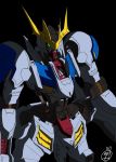  black_background green_eyes gundam gundam_barbatos gundam_tekketsu_no_orphans highres looking_down mecha misirabi07 no_humans piston science_fiction signature solo v-fin 