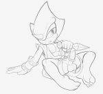  anthro balls chameleon espio_the_chameleon feet fours_(artist) genitals hand_on_floor holding_object holding_weapon horn kunai lizard looking_at_viewer lying male on_back pecs penis reptile scalie solo sonic_the_hedgehog_(series) weapon wrist_cuff 